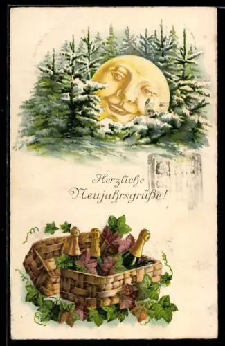 AK Verschneiter Tannenwald mit Mondgesicht, Korb mit Sektflaschen