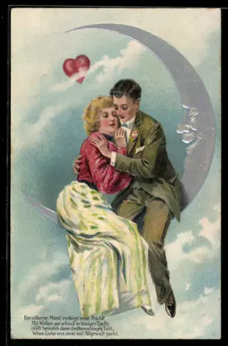 Präge-AK Liebespaar sitzt auf silberner Mondsichel, Metamorphose