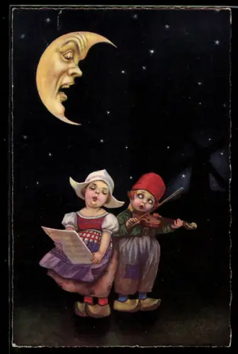 AK Zwei Kinder in Tracht singen und musizieren im Angesicht der Mondsichel