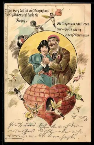 Passepartout-AK Mein Herz das ist ein Bienenhaus..., Paar hält sich an den Händen