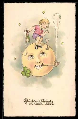 AK Mädchen mit Sektflasche tanzt auf dem Mond in's neue Jahr