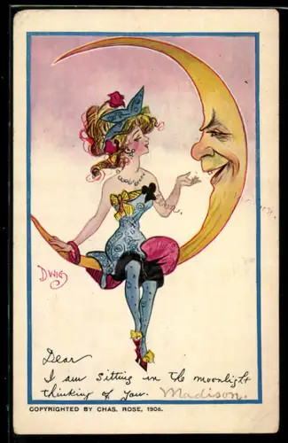 Künstler-AK Junge Frau im Kleid sitzt auf der Mondsichel, Metamorphose