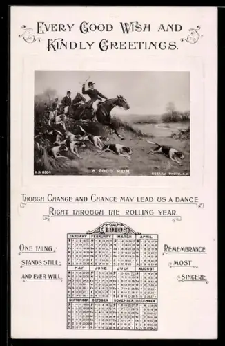 AK Kalender für das Jahr 1910, Fuchsjagd mit Hunden
