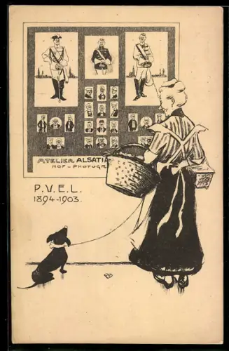 AK Ältere Frau betrachtet Portraits von Studenten, studentische Szene