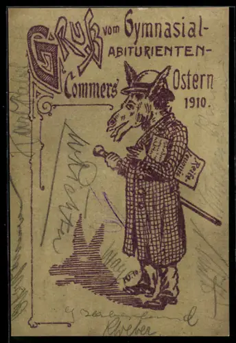 AK Duisburg, Gymnasial-Abiturienten-Commers 1910, Esel im Mantel mit Gehstock, studentische Szene