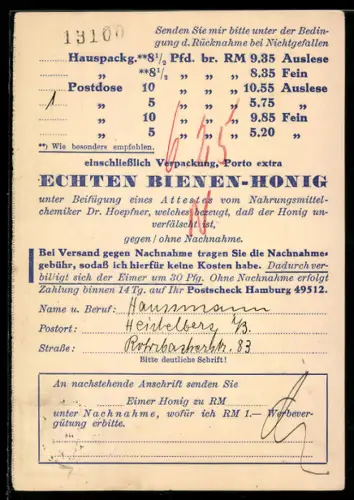 AK Hamburg, Korrespondenzkarte zur Zusendung von echtem Bienen-Honig