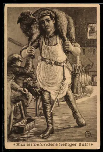 AK Fleischer mit Schaf auf den Schultern