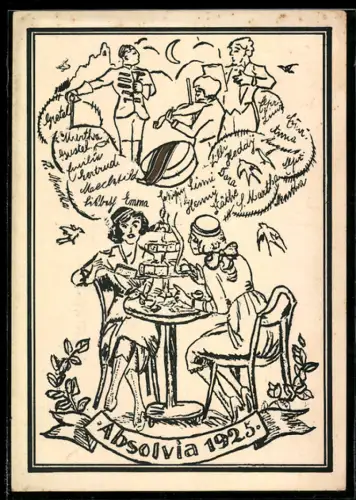 AK Zwei junge Frauen am Café-Tisch, Absolvia 1925
