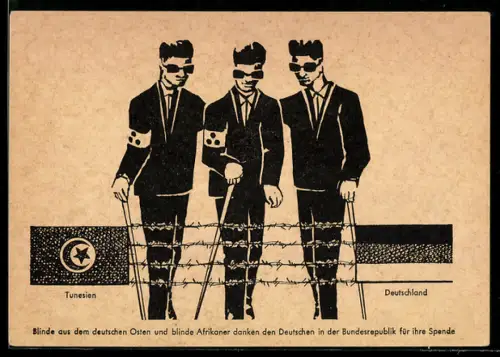 AK Blinde aus den deutschen Osten und blinde Afrikaner danken den Deutschen in der BRD für Spenden, drei blinde Herren