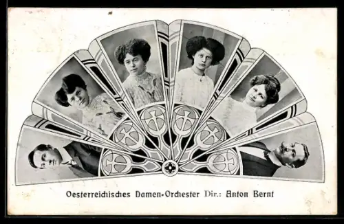 AK Österreichisches Damenorchester in einem Fächer, Passepartout