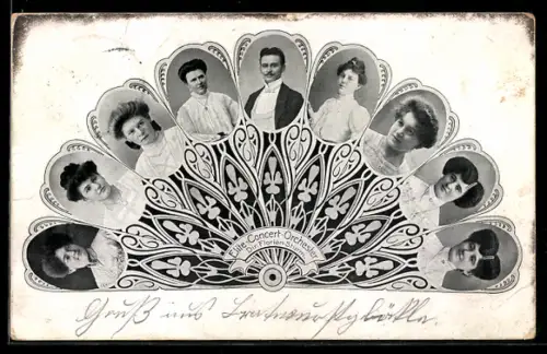 AK Elite-Concert-Damenorchester in einem Fächer, Passepartout