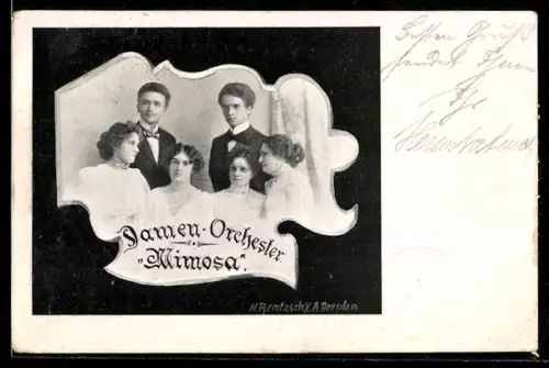 AK Damenorchester Mimosa in weissen Kleidern, Passepartout