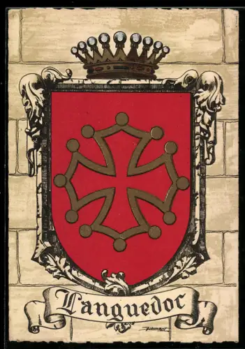 AK Languedoc, Wappen auf Mauer-Hintergrund