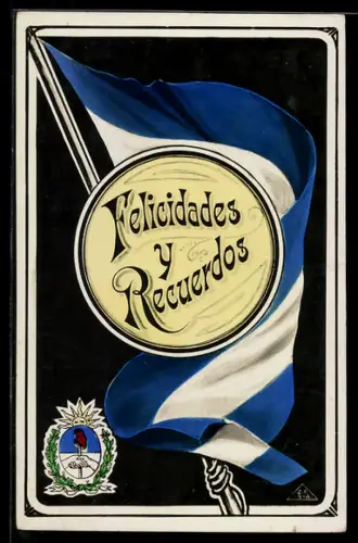 AK Felicidades y Recuerdos, Wappen mit Darstellung eines Handschlages, Blauweisse Flagge