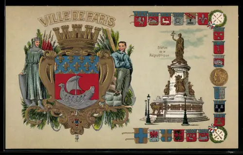 AK Paris III, Ville de Paris, Statue de la Republique, Wappen, Segelschiff