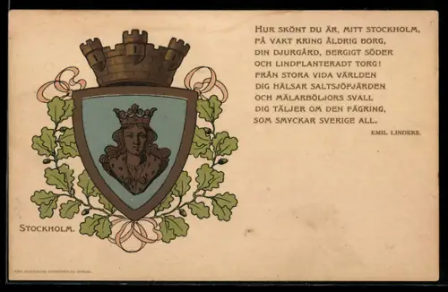 Lithographie Stockholm, Wappen, Gedicht von Emil Linders: Hur skönt du är