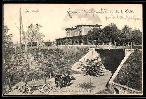 AK Trebnitz, Bahnhof mit Ochsengespann