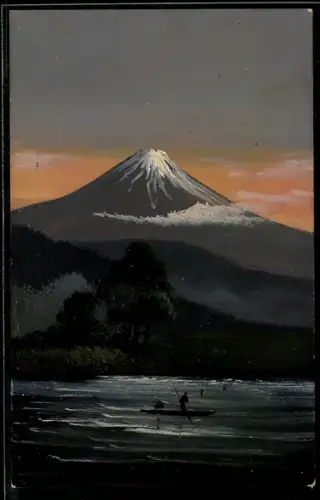 Künstler-AK Handgemalt: Ruderer mit Panorama eines schneebedeckten Berges, Schablonenmalerei