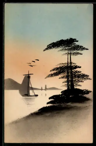 Künstler-AK Handgemalt: Uferpartie mit Segelboot, Schablonenmalerei