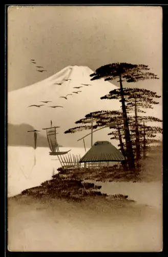 Künstler-AK Handgemalt: Uferpartie mit Hütte, Segelboot und Bergpanorama, Schablonenmalerei