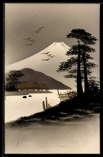 Künstler-AK Handgemalt: Uferpartie mit Hütte, Bergpanorama und Vögeln, Schablonenmalerei