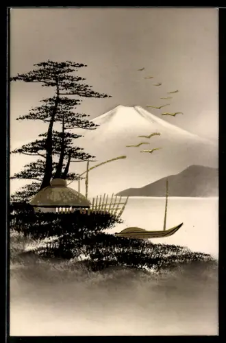 Künstler-AK Handgemalt: Uferpartie mit Hütte, Boot und Bergpanorama, Schablonenmalerei