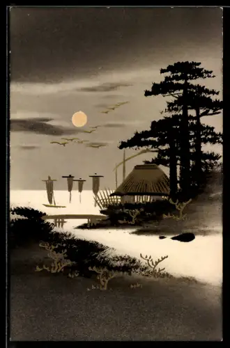 Künstler-AK Handgemalt: Uferpartie mit Hütte und Segelbooten bei Nacht, Schablonenmalerei