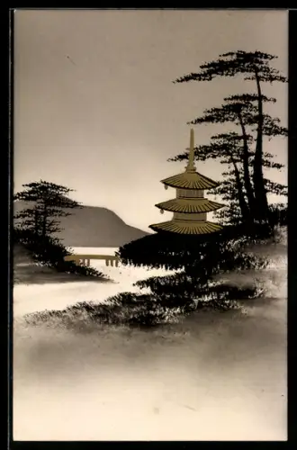 Künstler-AK Handgemalt: Uferpartie mit Pagode und Brücke, Schablonenmalerei