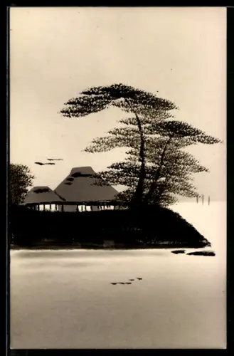 Künstler-AK Handgemalt: Uferpartie mit Hütten, Schablonenmalerei