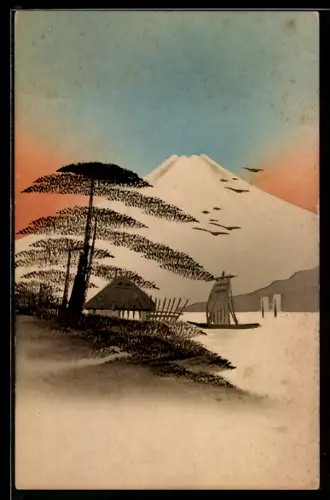 Künstler-AK Handgemalt: Uferpartie mit Hütte, Segelboot und Bergpanorama, Schablonenmalerei