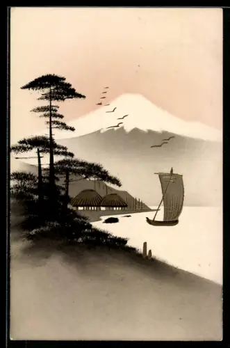 Künstler-AK Handgemalt: Uferpartie mit Hütte, Segelboot und Bergpanorama, Schablonenmalerei