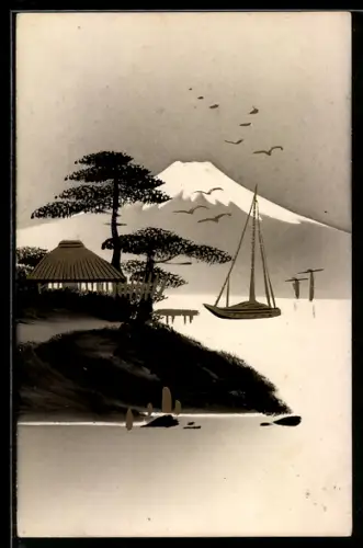 Künstler-AK Handgemalt: Uferpartie mit Hütte, Segelboot und Bergpanorama, Schablonenmalerei