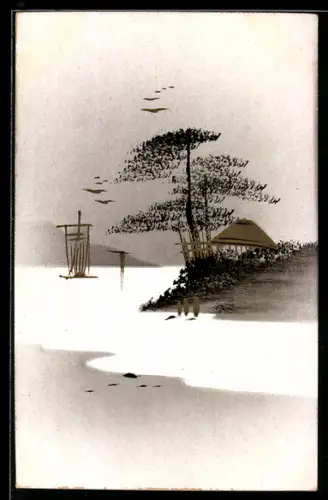 Künstler-AK Handgemalt: Uferpartie mit Hütte und Segelboot, Schablonenmalerei