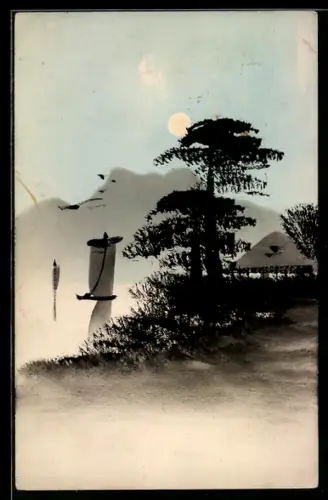 Künstler-AK Handgemalt: Uferpartie mit Hütte, Segelboot und Bergpanorama bei Nacht, Schablonenmalerei