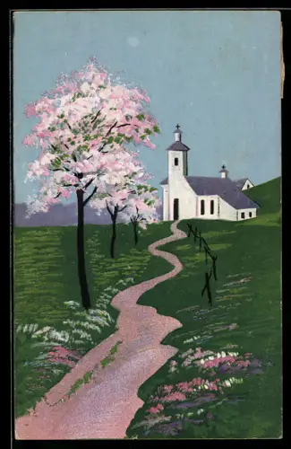 Künstler-AK Handgemalt: Weg zur Kirche, Schablonenmalerei