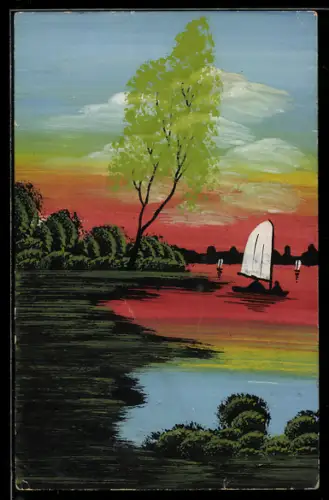 Künstler-AK Handgemalt: Uferpartie mit Segelboot in intensiven Farben, Schablonenmalerei