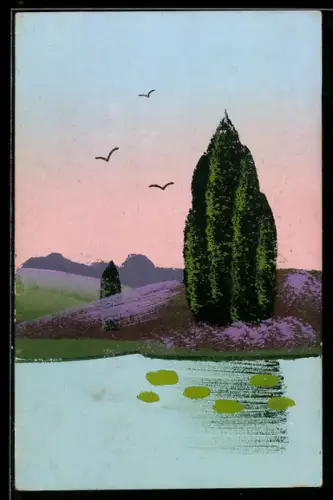 Künstler-AK Handgemalt: Uferpartie mit Seeriesen und Vögeln, Schablonenmalerei
