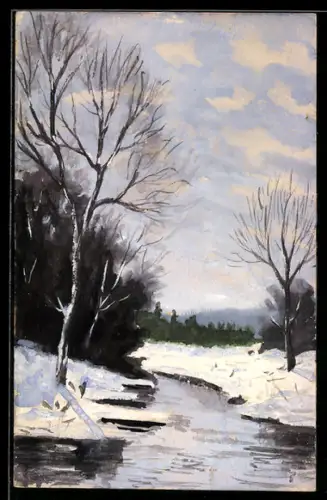 Künstler-AK Handgemalt: Bach fliesst durch einen verschneiten Wald, Schablonenmalerei