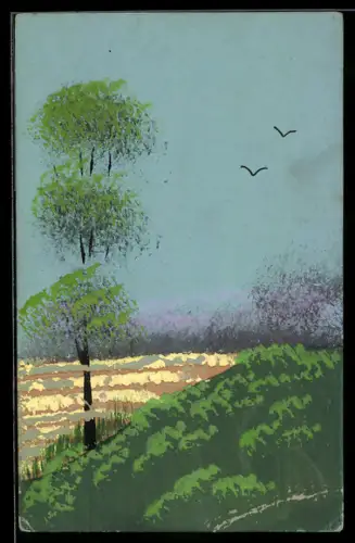 Künstler-AK Handgemalt: Idyllische Waldpartie mit Vögeln, Schablonenmalerei