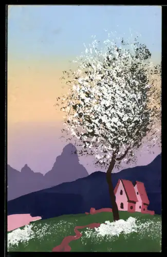 Künstler-AK Handgemalt: Blick auf einen Ort mit einem Baum davor, Schablonenmalerei