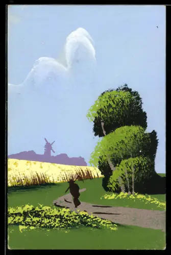 Künstler-AK Handgemalt: Partie an einem Feld mit Windmühle in der Ferne, Schablonenmalerei