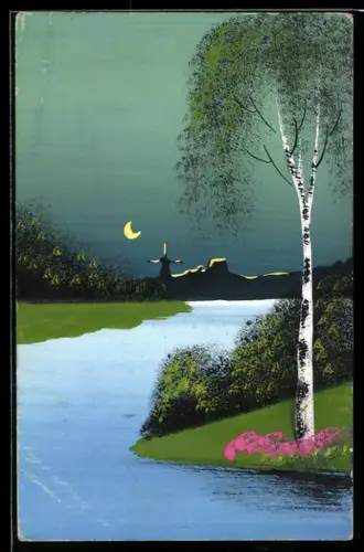 Künstler-AK Handgemalt: Fluss in Richtung eines Ortes mit Windmühle bei Nacht, Schablonenmalerei