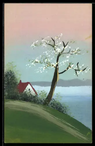 Künstler-AK Handgemalt: Uferpartie mit Wohnhaus und Baum, Schablonenmalerei