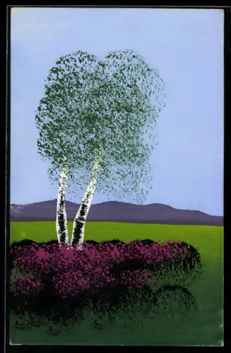 Künstler-AK Handgemalt: Von Blumen umgebener Baum, Schablonenmalerei