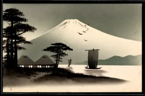 Künstler-AK Handgemalt: Uferpartie mit Hütte, Segelboot und Bergpanorama, Schablonenmalerei