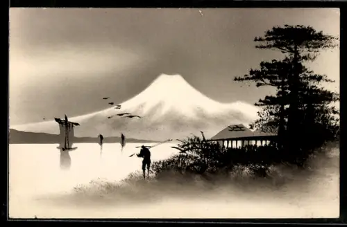 Künstler-AK Handgemalt: Uferpartie mit Hütte, Bauer, Segelboot und Bergpanorama, Schablonenmalerei