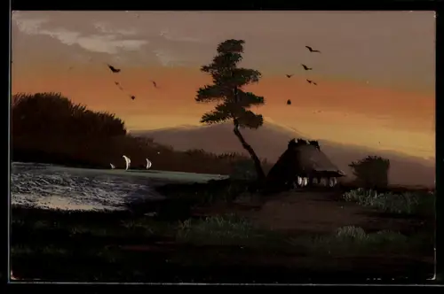 Künstler-AK Handgemalt: Uferpartie mit Hütte, Segelboot und Bergpanorama, Schablonenmalerei