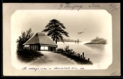 Künstler-AK Handgemalt: Uferpartie mit Hütte und Booten in der Ferne, Schablonenmalerei