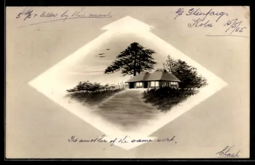 Künstler-AK Handgemalt: Hütte mit Strohdach an einem Waldstück, Schablonenmalerei