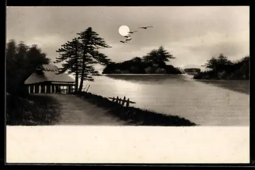 Künstler-AK Handgemalt: Uferpartie mit Hütte bei Nacht, Schablonenmalerei